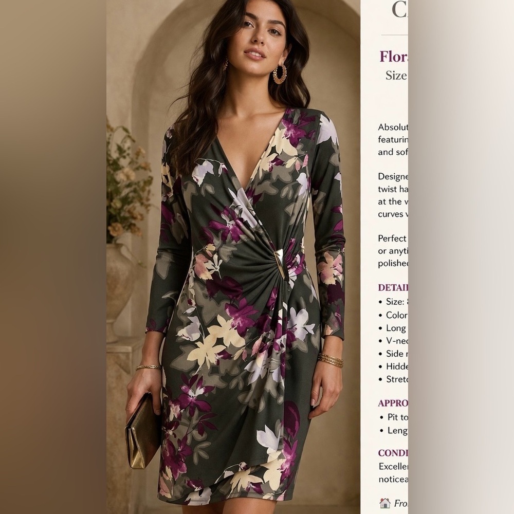 Calvin Klein Floral Ruched Sheath Dress Size 8 | Plum & Olive Twist Front
